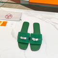 HERMES Giulia Sandal Green Suede Green Calfskin