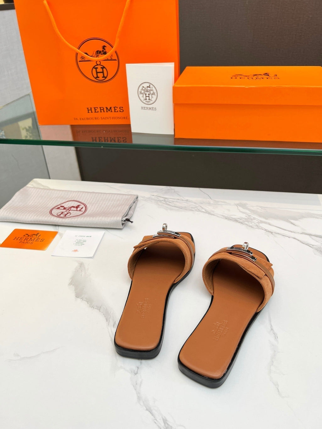 HERMES Giulia Sandal Tan Suede Tan Calfskin