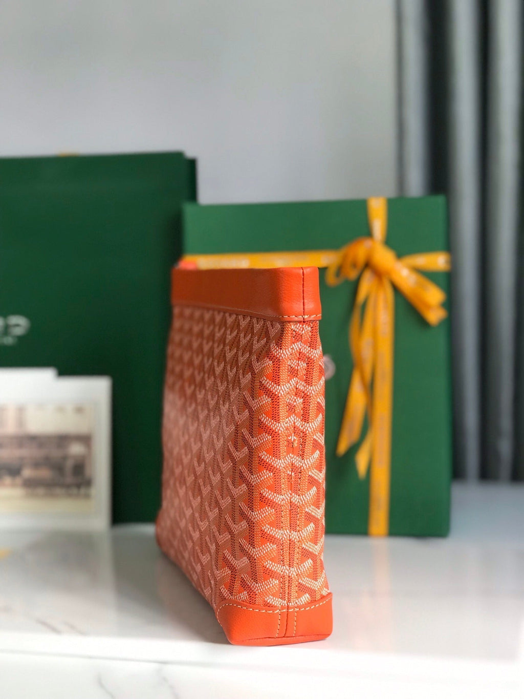 CONTI POUCH 24 IN ORANGE LAMBSKIN AND GOYARDINE CANVAS
