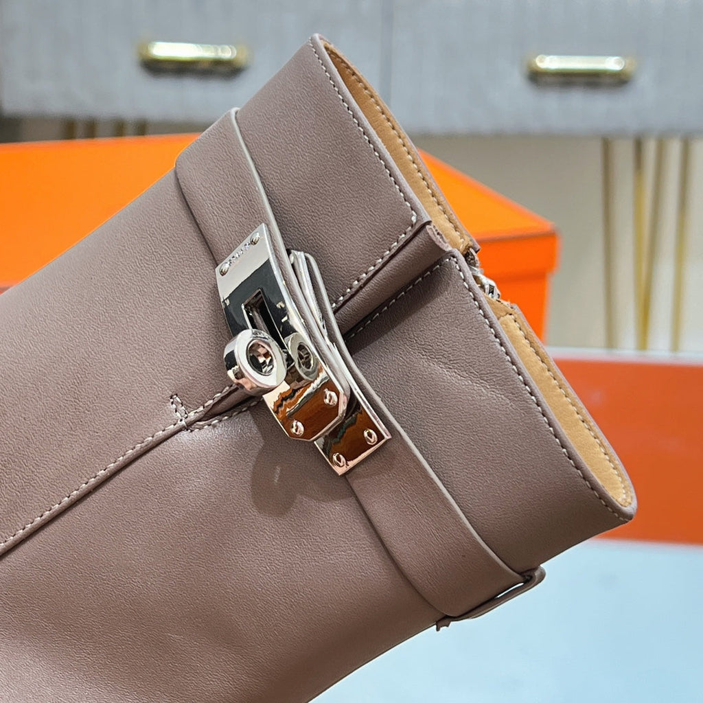 HERMES 25S SAINT GERMAIN ANKLE BOOTS 90 MM IN TAUPE BROWN LAMBSKIN WITH SILVER HARDWARE