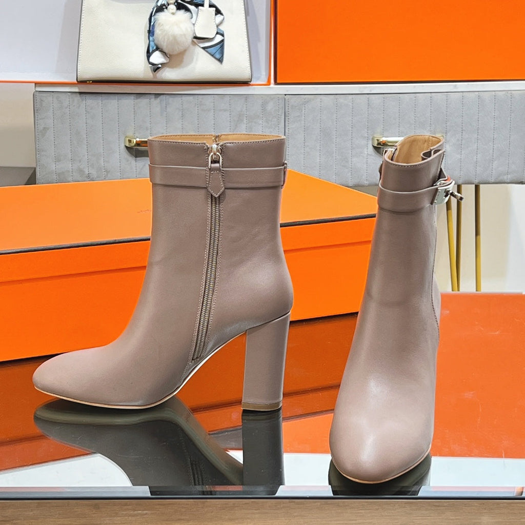 HERMES 25S SAINT GERMAIN ANKLE BOOTS 90 MM IN TAUPE BROWN LAMBSKIN WITH SILVER HARDWARE
