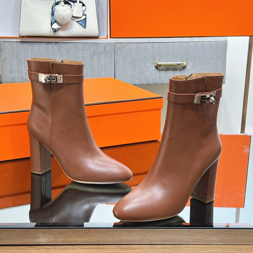 HERMES 25S SAINT GERMAIN ANKLE BOOTS 90 MM IN BROWN LAMBSKIN WITH SILVER HARDWARE