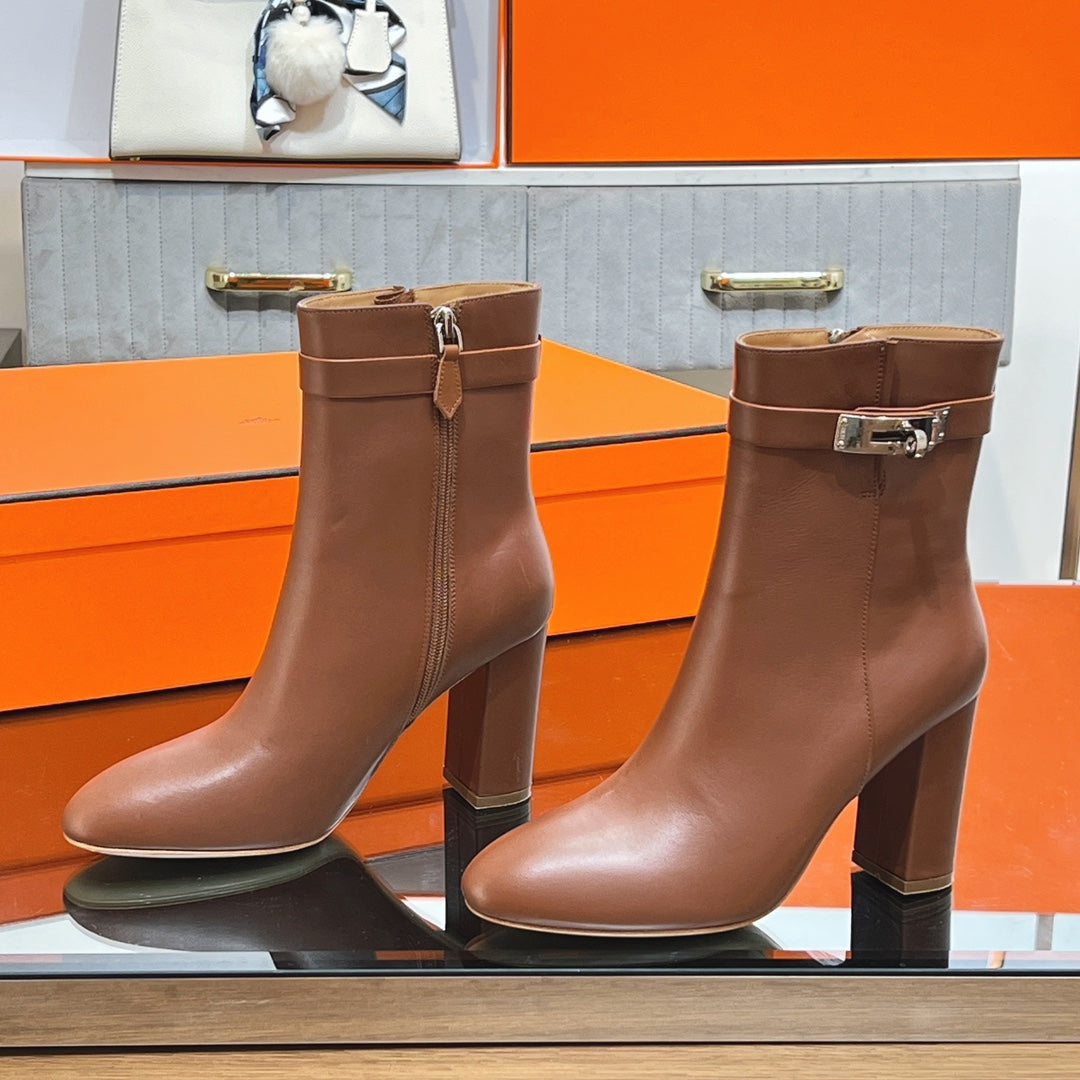 HERMES 25S SAINT GERMAIN ANKLE BOOTS 90 MM IN BROWN LAMBSKIN WITH SILVER HARDWARE