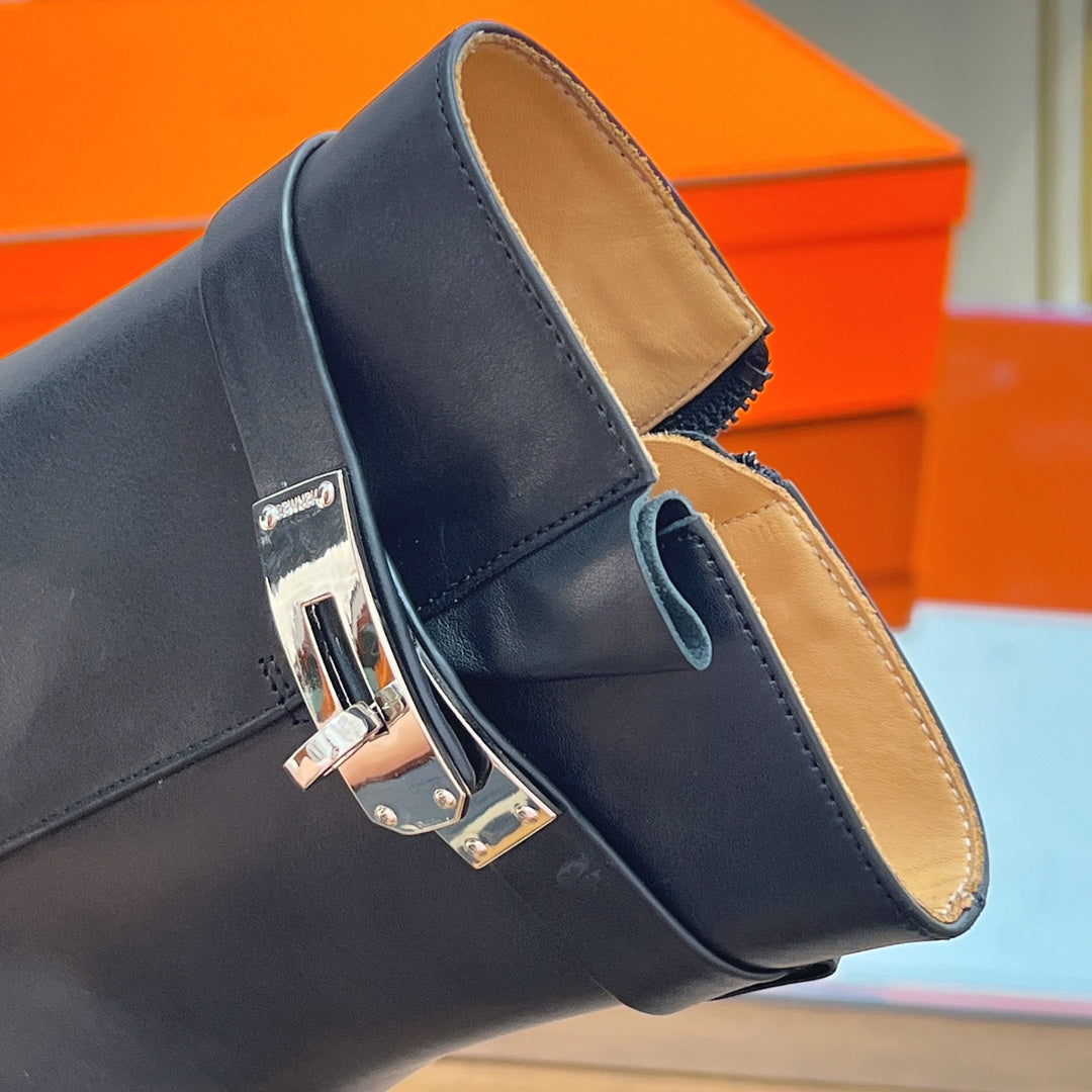 HERMES 25S SAINT GERMAIN ANKLE BOOTS 90 MM IN BLACK LAMBSKIN WITH SILVER HARDWARE