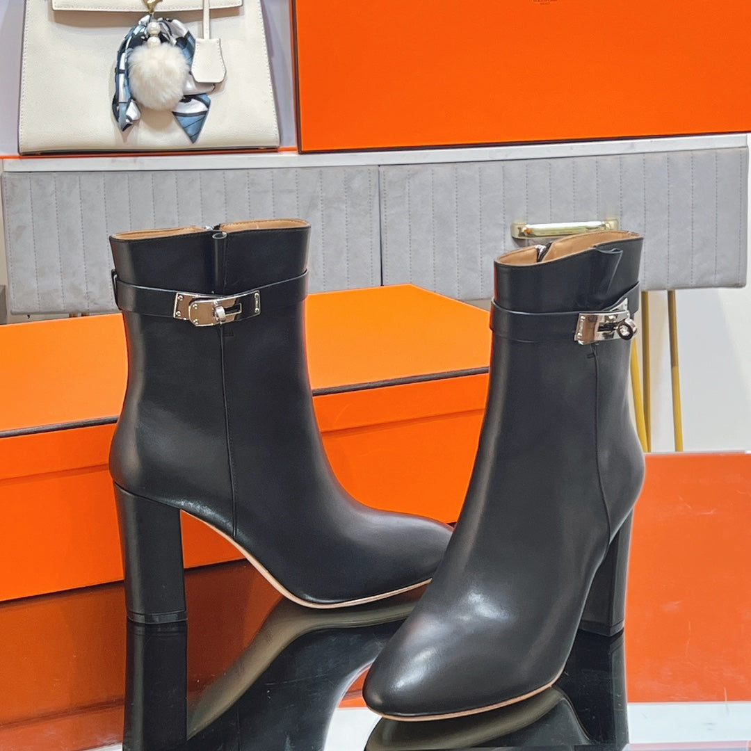 HERMES 25S SAINT GERMAIN ANKLE BOOTS 90 MM IN BLACK LAMBSKIN WITH SILVER HARDWARE