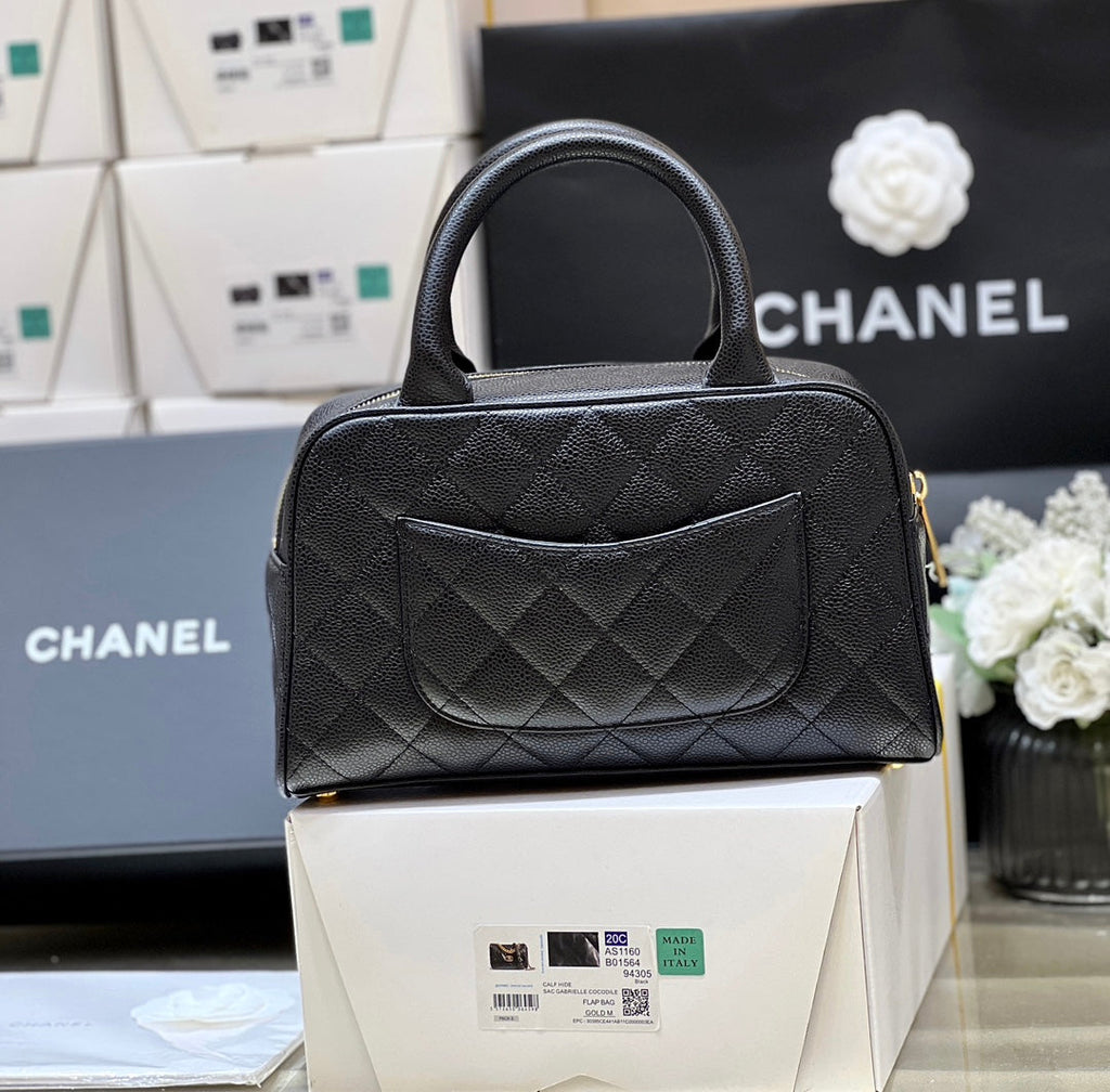 CHANEL 25S  QUILTED CAVIAR BOWLING BAG 27 IN BLACK CALFSKIN