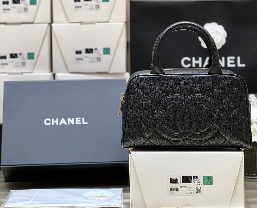 CHANEL 25S  QUILTED CAVIAR BOWLING BAG 27 IN BLACK CALFSKIN