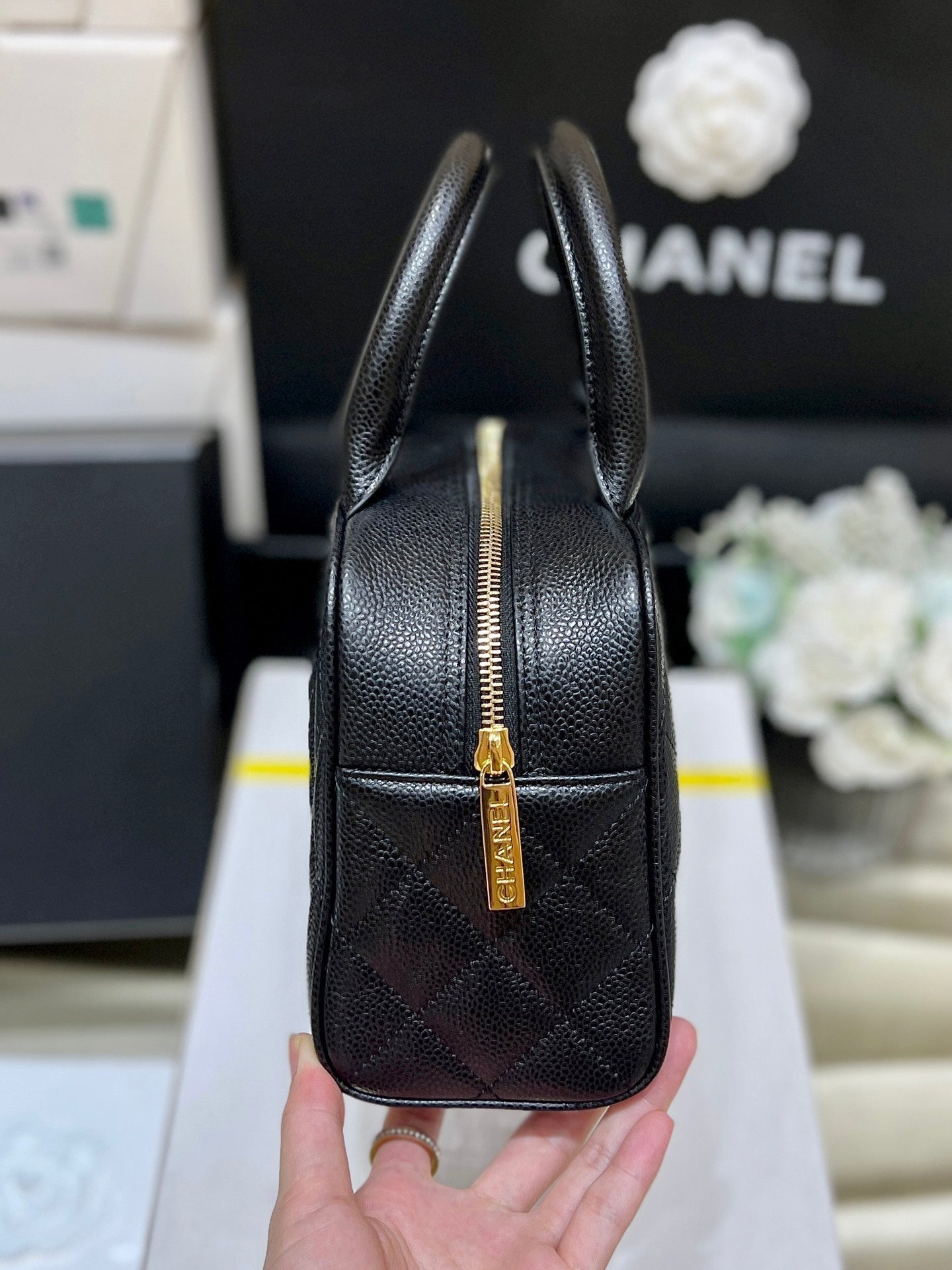 CHANEL 25S  QUILTED CAVIAR BOWLING BAG 27 IN BLACK CALFSKIN