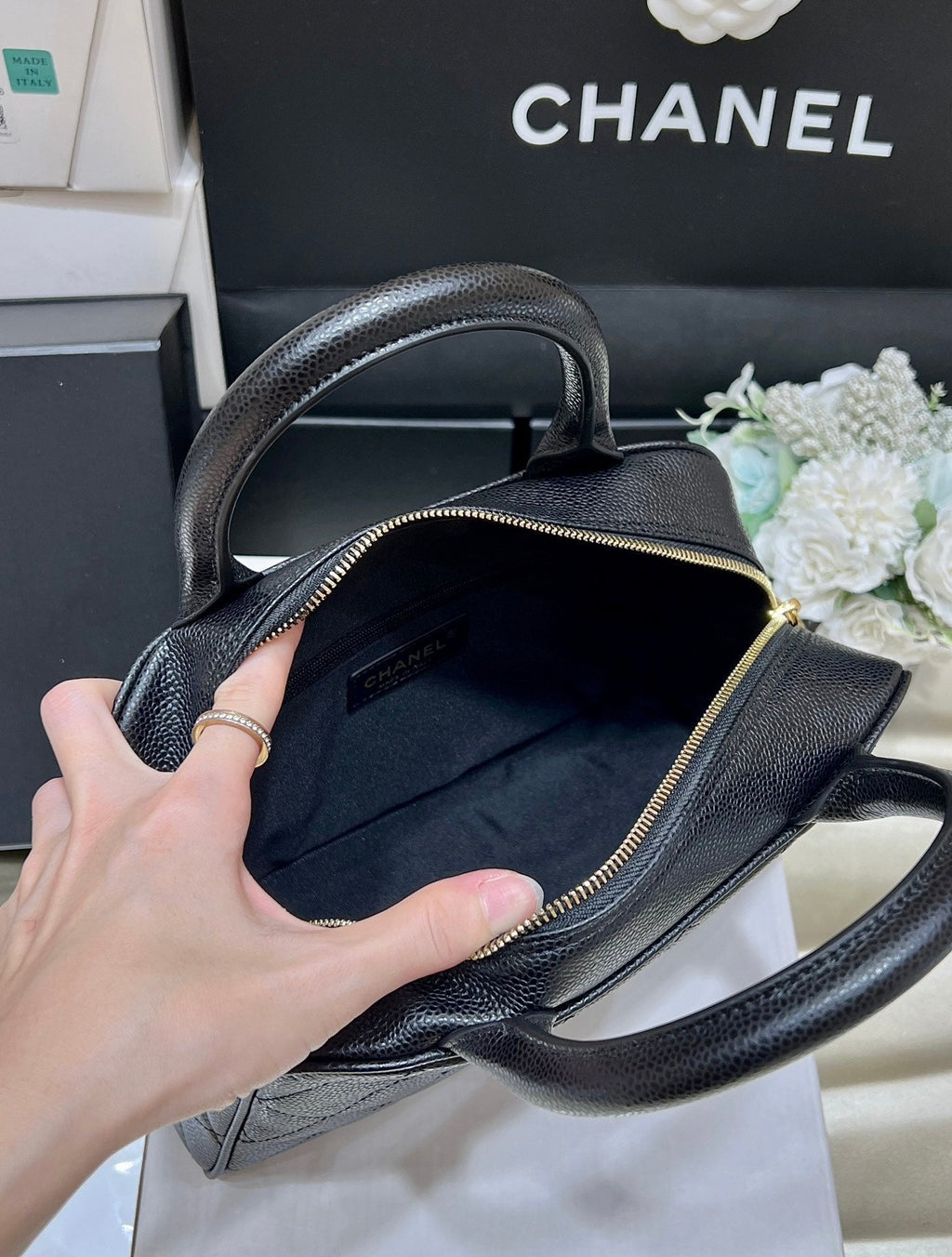 CHANEL 25S  QUILTED CAVIAR BOWLING BAG 27 IN BLACK CALFSKIN
