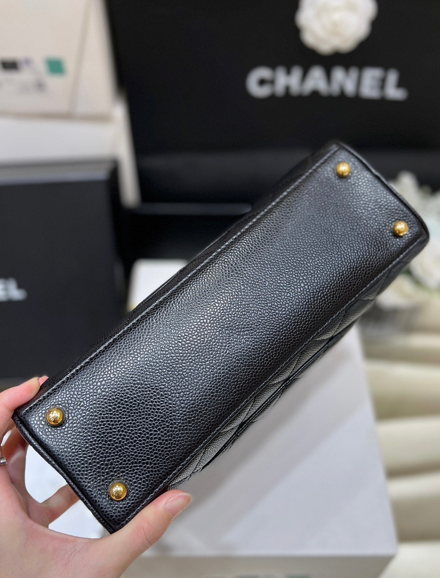 CHANEL 25S  QUILTED CAVIAR BOWLING BAG 27 IN BLACK CALFSKIN
