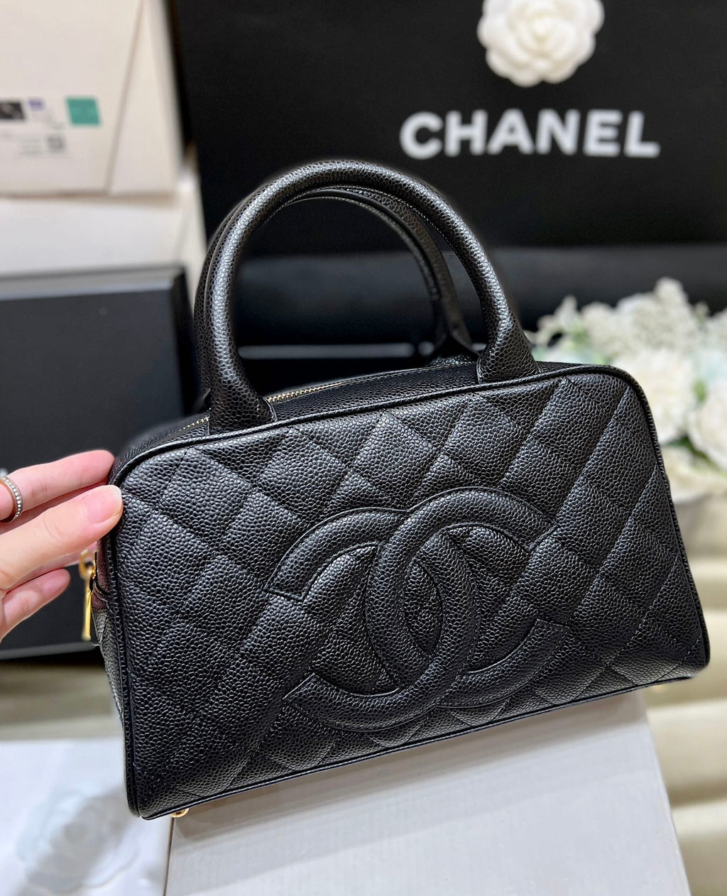 CHANEL 25S  QUILTED CAVIAR BOWLING BAG 27 IN BLACK CALFSKIN