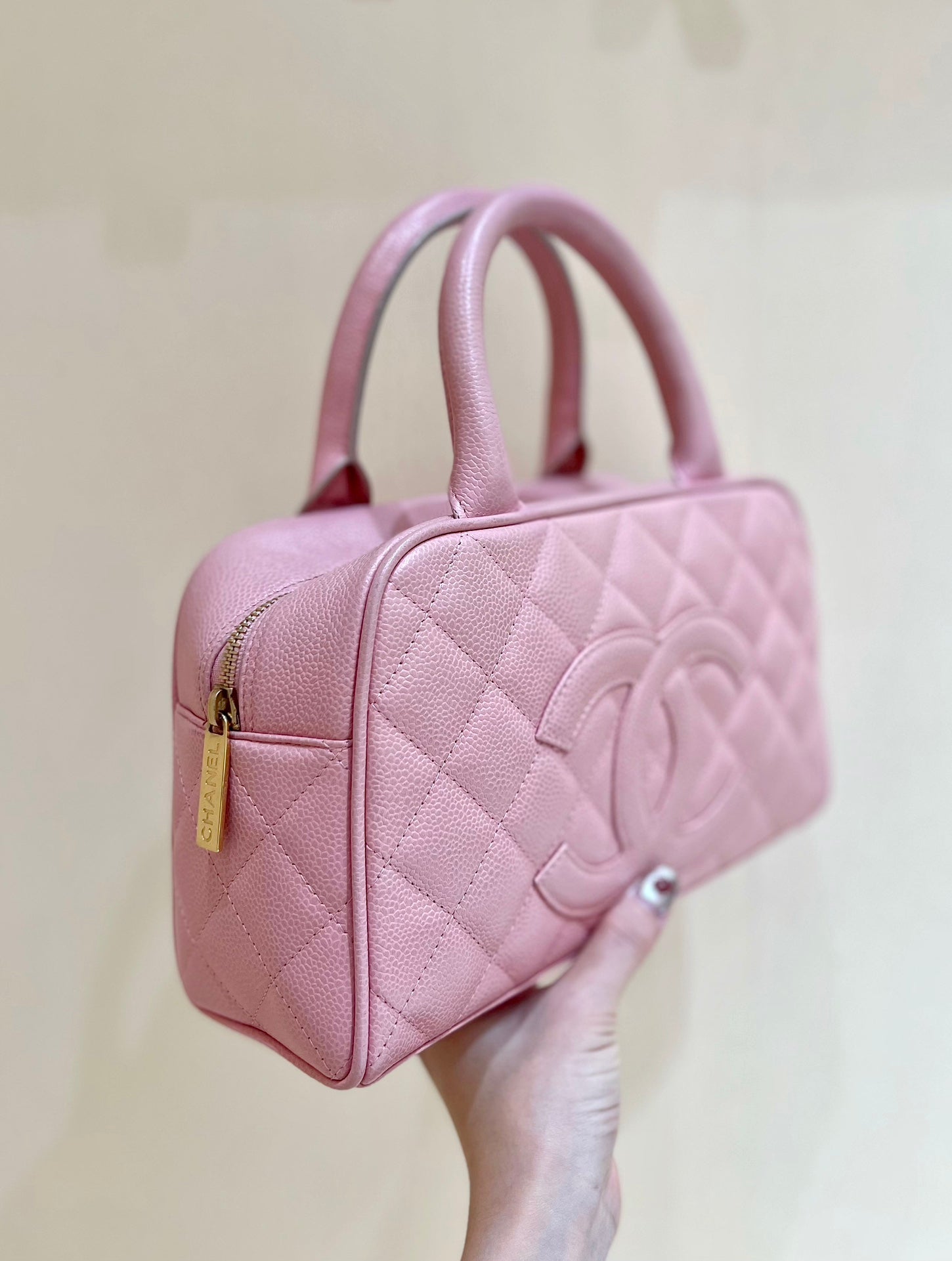 CHANEL 25S  QUILTED CAVIAR BOWLING BAG 27 IN PINK CALFSKIN
