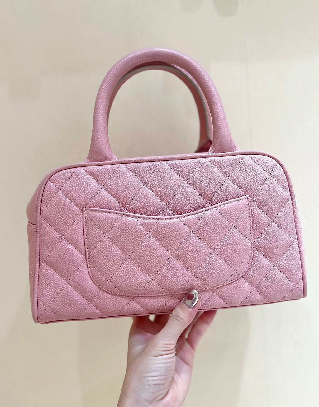 CHANEL 25S  QUILTED CAVIAR BOWLING BAG 27 IN PINK CALFSKIN