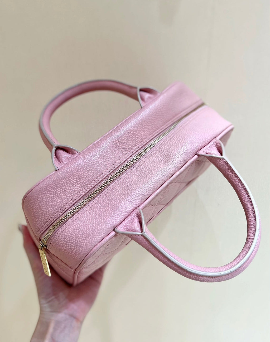 CHANEL 25S  QUILTED CAVIAR BOWLING BAG 27 IN PINK CALFSKIN