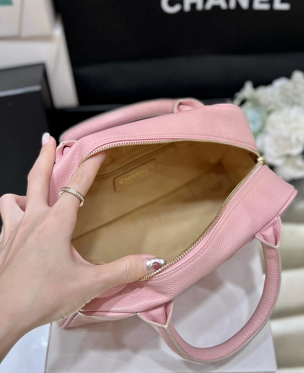 CHANEL 25S  QUILTED CAVIAR BOWLING BAG 27 IN PINK CALFSKIN