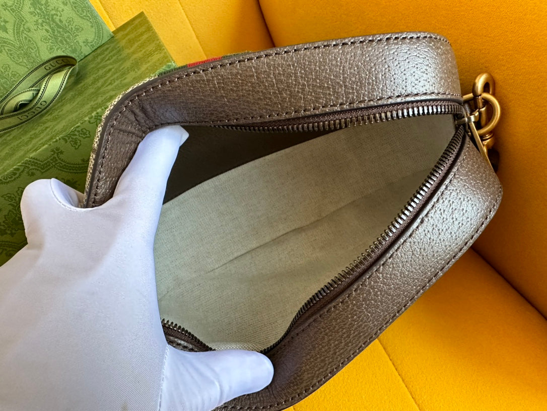 GUCCI OPHIDIA SMALL 24 IN BEIGE CANVAS AND BROWN CALFSKIN