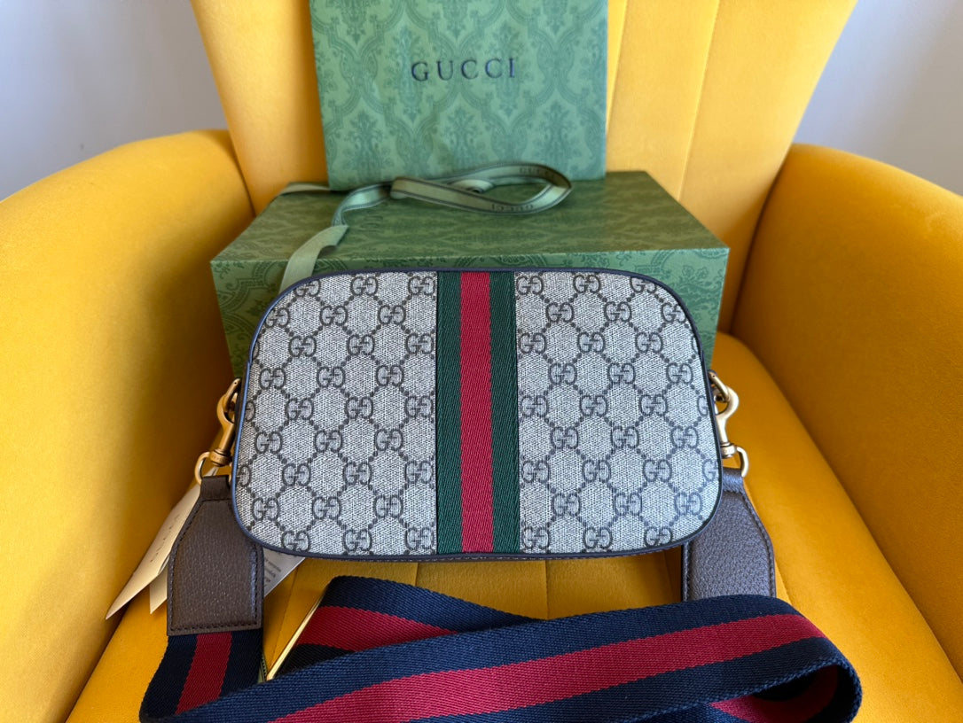 GUCCI OPHIDIA SMALL 24 IN BEIGE CANVAS AND BROWN CALFSKIN