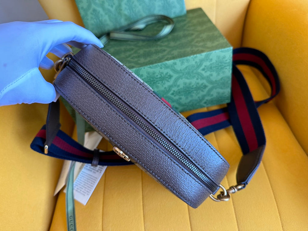 GUCCI OPHIDIA SMALL 24 IN BEIGE CANVAS AND BROWN CALFSKIN