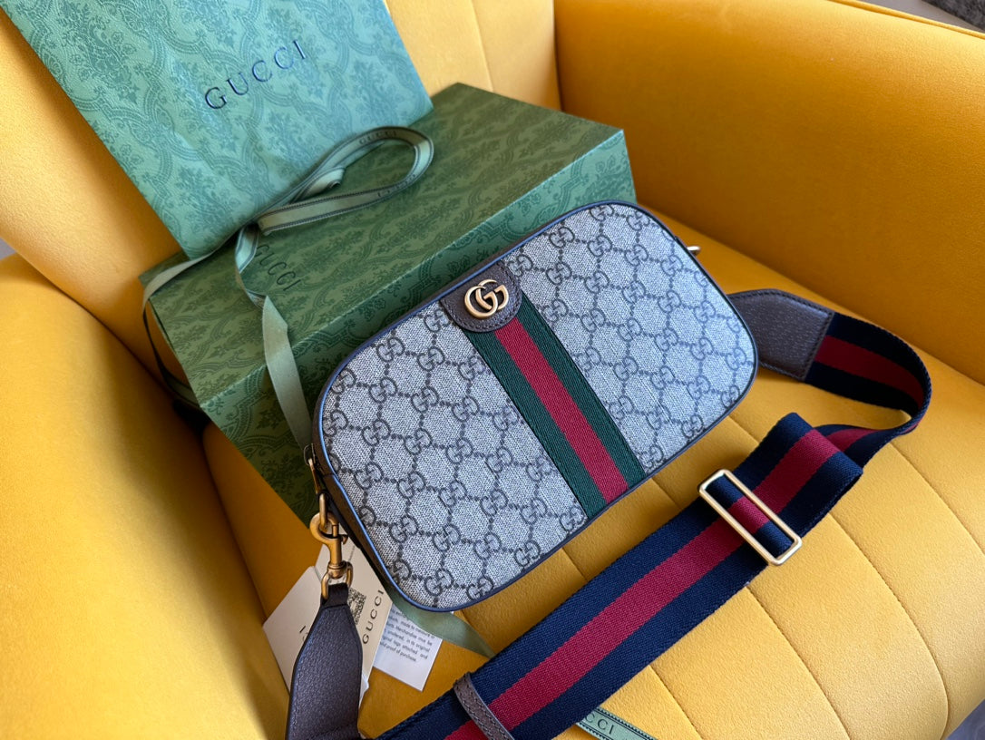 GUCCI OPHIDIA SMALL 24 IN BEIGE CANVAS AND BROWN CALFSKIN
