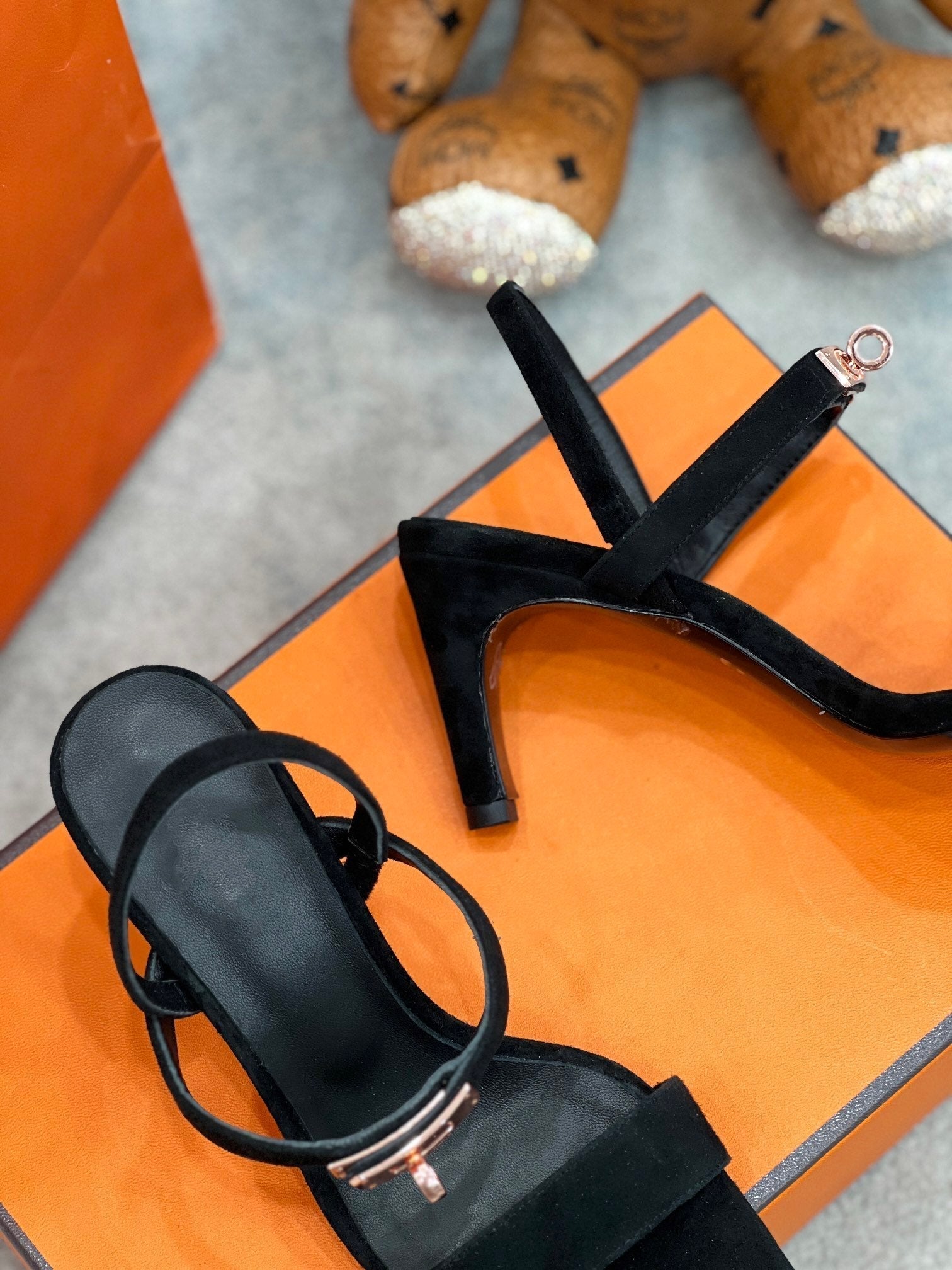 HERMES Glamour 75 Sandal Black Suede