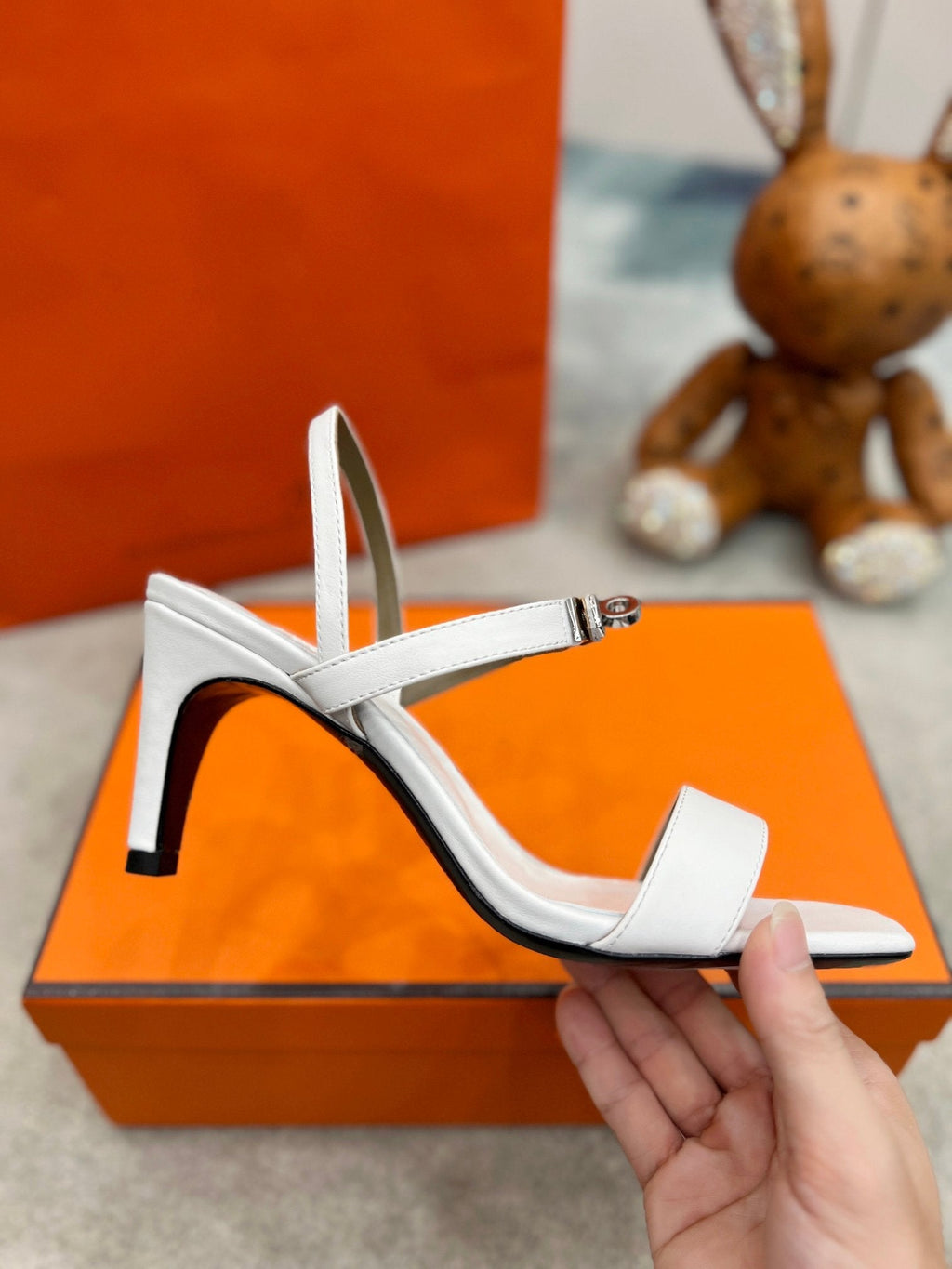 HERMES Glamour 75 Sandal White Leather