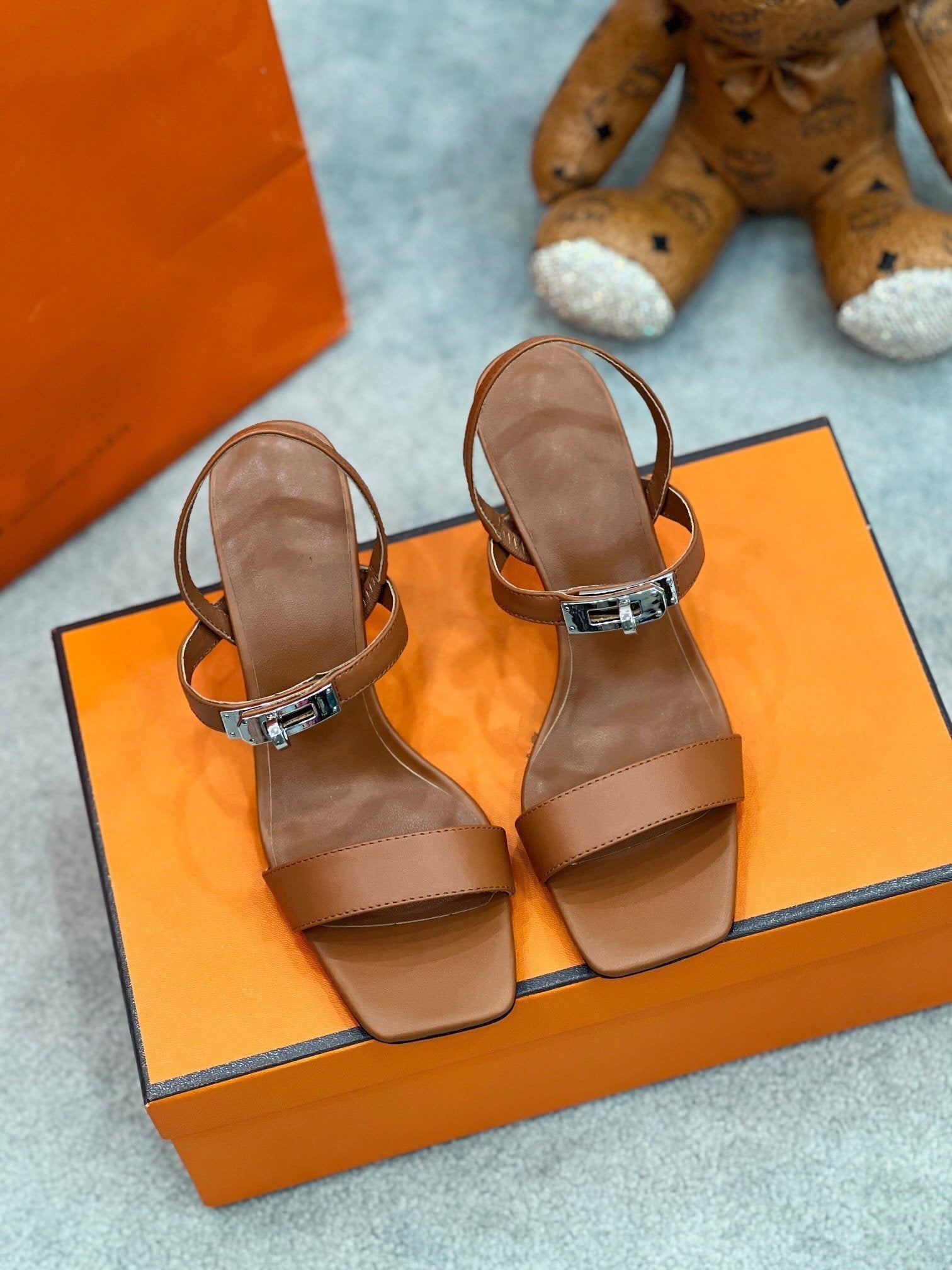 HERMES Glamour 75 Sandal Brown Leather