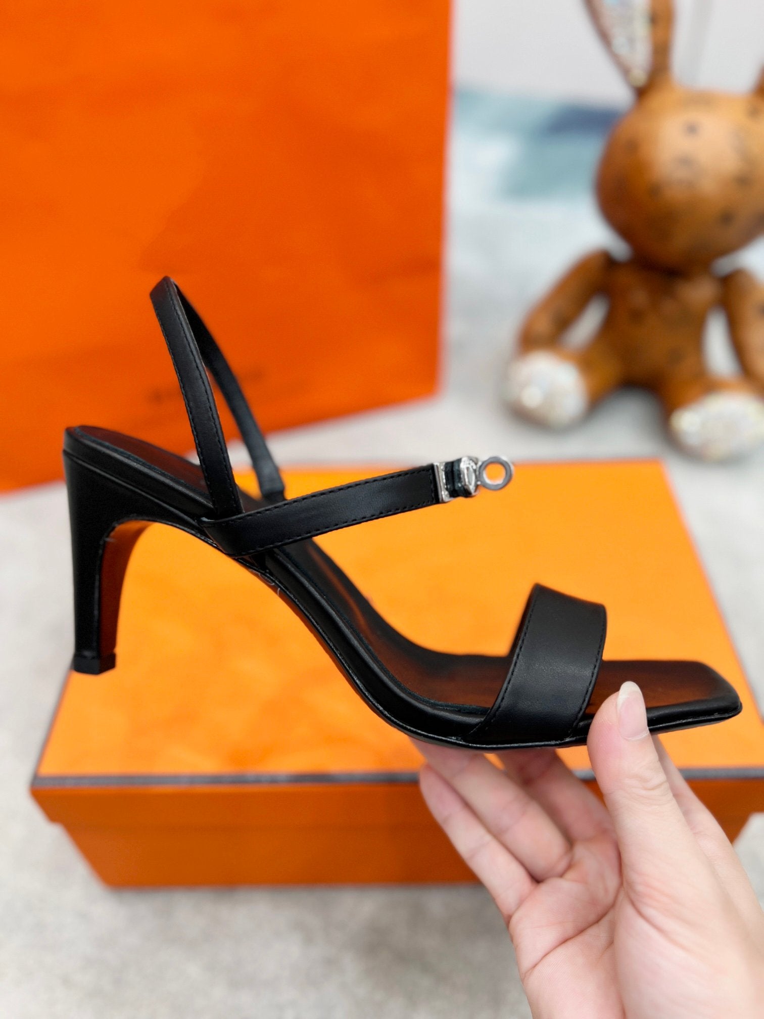 HERMES Glamour 75 Sandal Black Leather