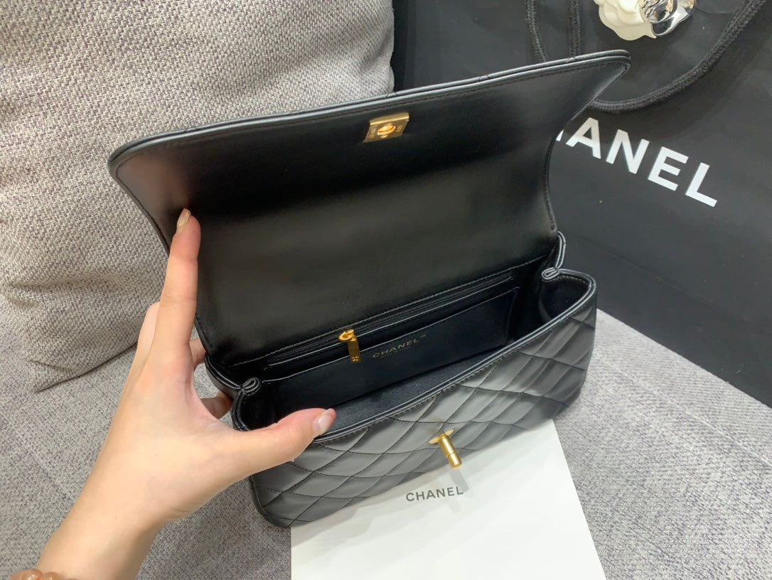 CHANEL SMALL FLAP BAG 24CM TOP HANDLE BLACK LAMBSKIN GOLD HARDWARE