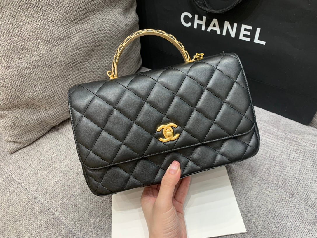 CHANEL SMALL FLAP BAG 24CM TOP HANDLE BLACK LAMBSKIN GOLD HARDWARE