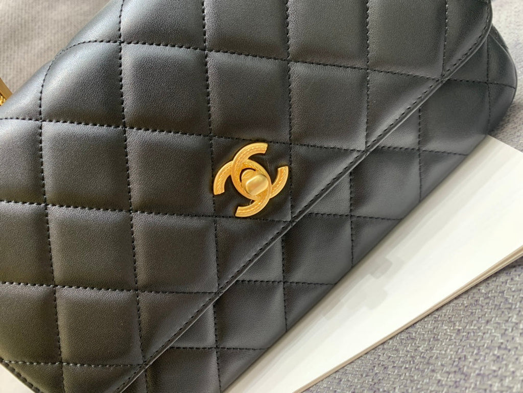 CHANEL SMALL FLAP BAG 24CM TOP HANDLE BLACK LAMBSKIN GOLD HARDWARE