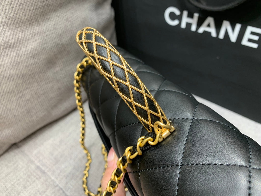 CHANEL SMALL FLAP BAG 24CM TOP HANDLE BLACK LAMBSKIN GOLD HARDWARE