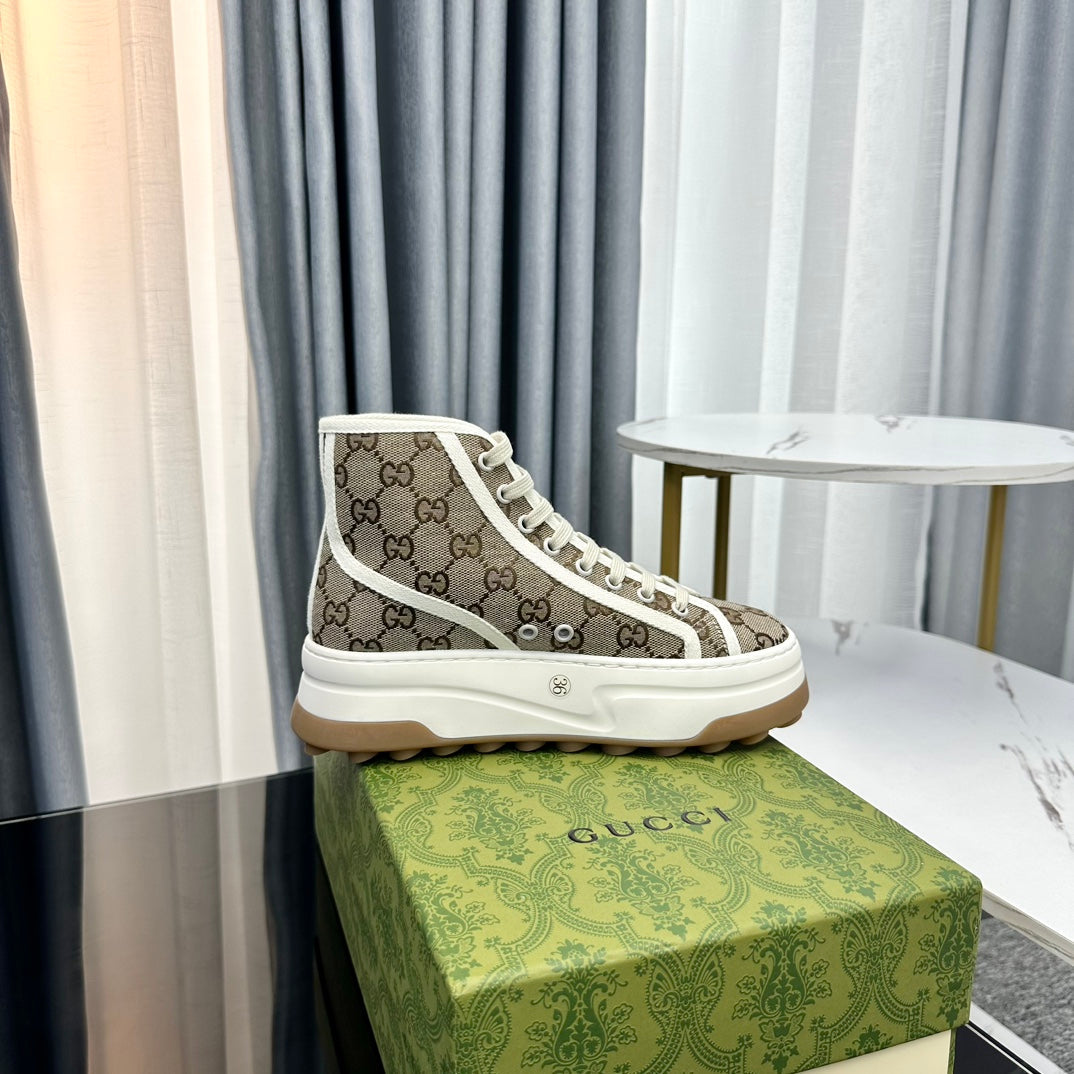 GUCCI HIGH TOP SNEAKER FLATFORM LIGHT BROWN CANVAS