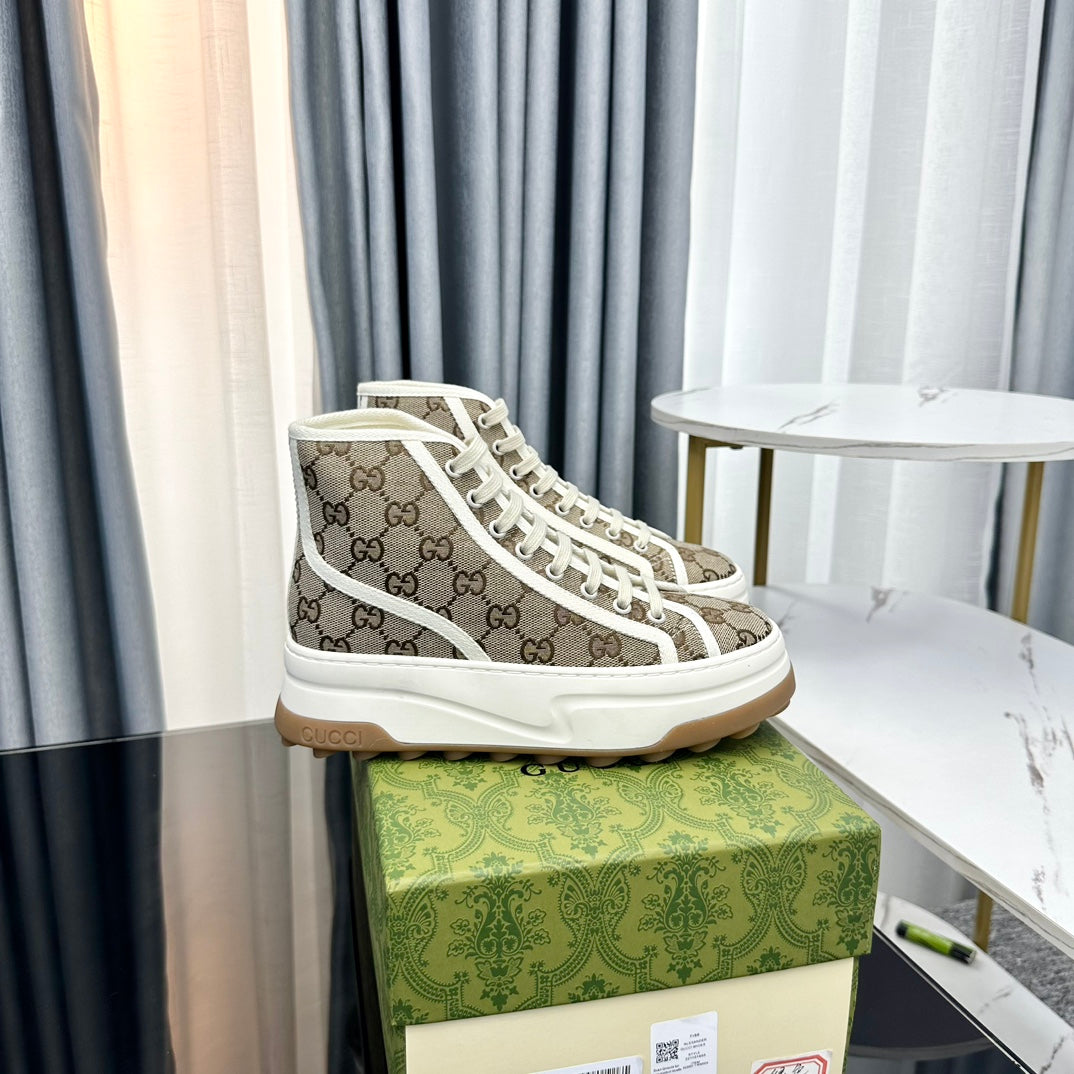 GUCCI HIGH TOP SNEAKER FLATFORM LIGHT BROWN CANVAS