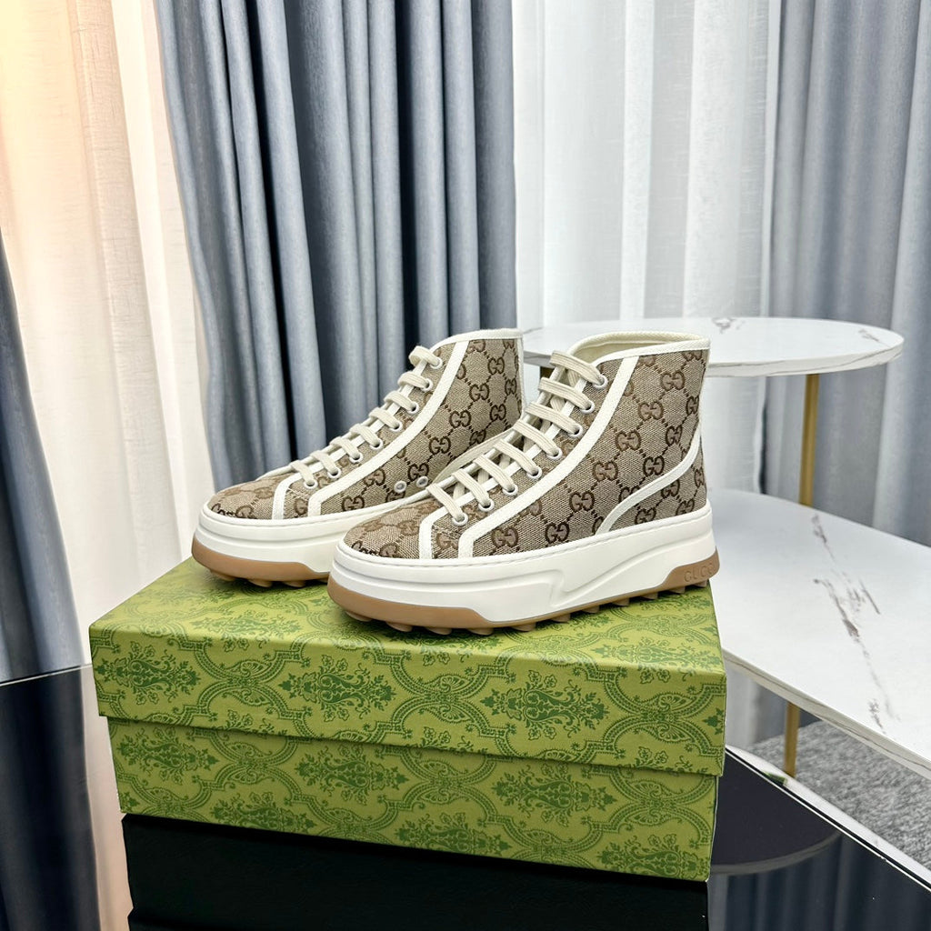 GUCCI HIGH TOP SNEAKER FLATFORM LIGHT BROWN CANVAS