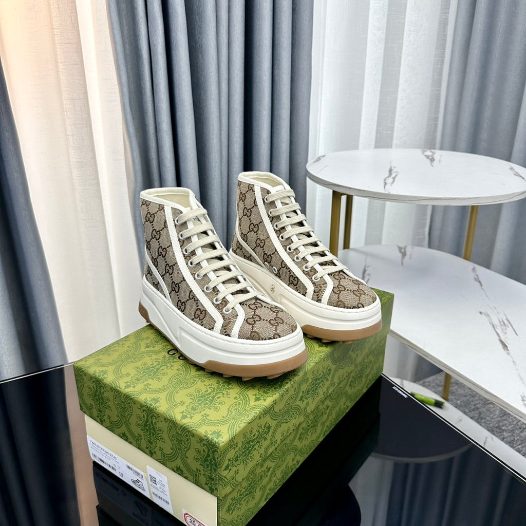 GUCCI HIGH TOP SNEAKER FLATFORM LIGHT BROWN CANVAS