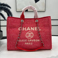 CHANEL DEAUVILLE LARGE 38 TOTE BAG IN CHERRY RED CANVAS WITH WHITE LOGO