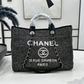 CHANEL DEAUVILLE LARGE 38 TOTE BAG IN BLACK CANVAS WITH WHITE LOGO
