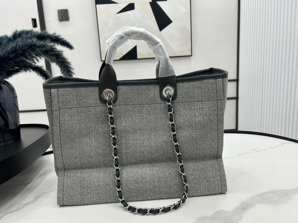CHANEL DEAUVILLE LARGE 38 TOTE BAG IN GREY CANVAS WITH BLACK LOGO