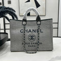 CHANEL DEAUVILLE LARGE 38 TOTE BAG IN GREY CANVAS WITH BLACK LOGO