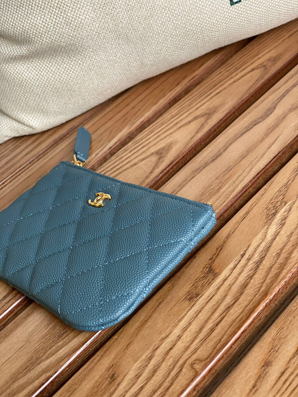 CHANEL CLASSIC SMALL 15 ZIPPED POUCH IN TEAL GREEN GRAINED CALFSKIN
