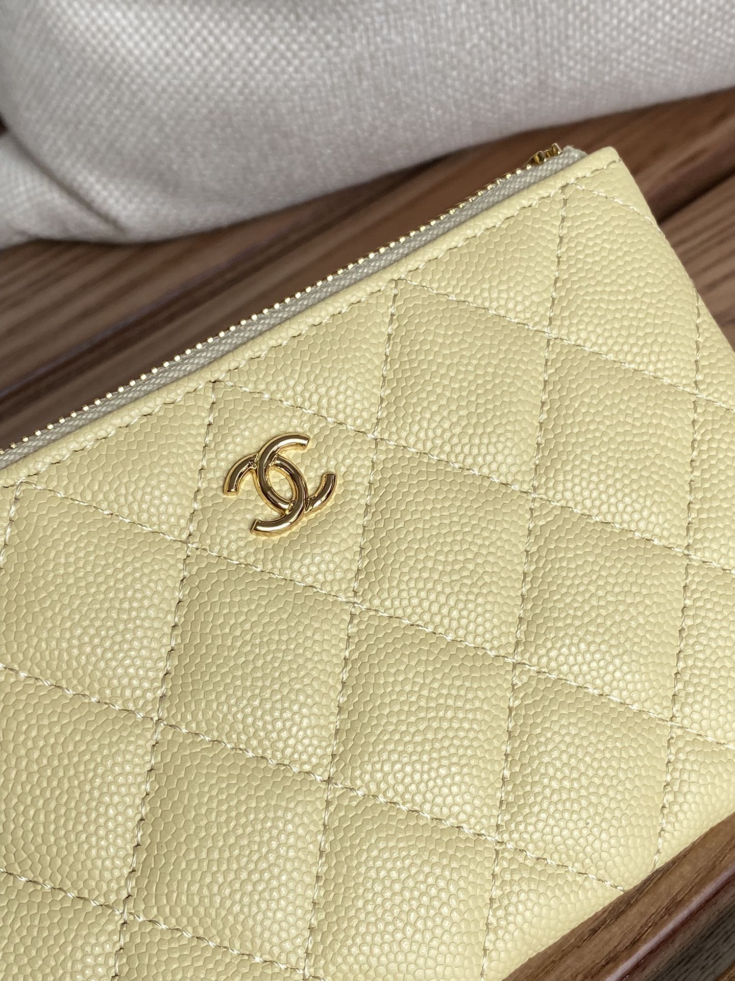 CHANEL CLASSIC SMALL 15 ZIPPED POUCH IN YELLOW CORN GRAINED CALFSKIN