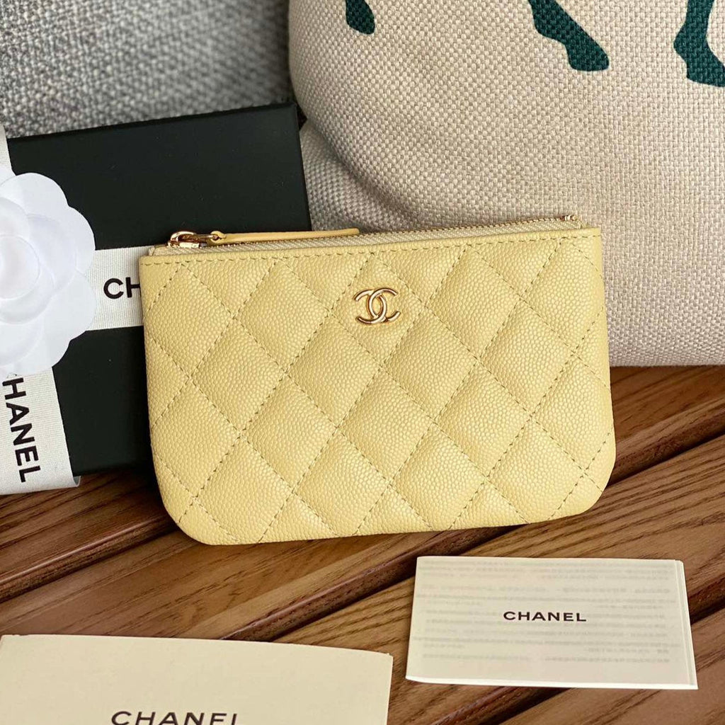 CHANEL CLASSIC SMALL 15 ZIPPED POUCH IN YELLOW CORN GRAINED CALFSKIN