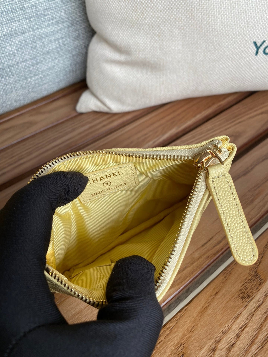CHANEL CLASSIC SMALL 15 ZIPPED POUCH IN YELLOW CORN GRAINED CALFSKIN