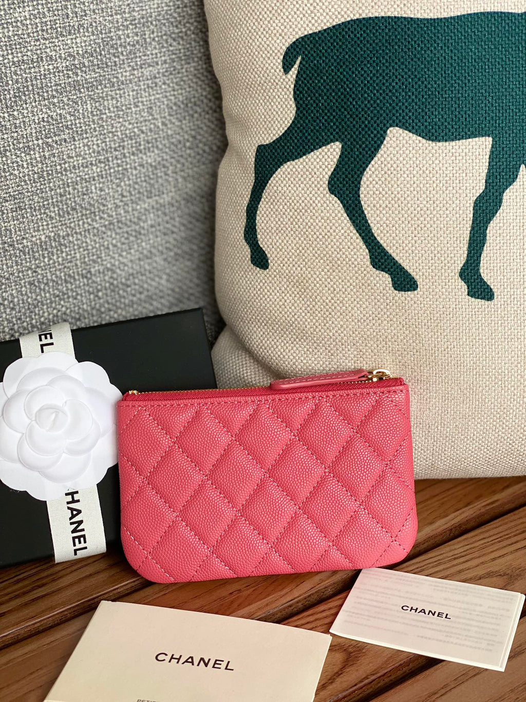 CHANEL CLASSIC SMALL 15 ZIPPED POUCH IN BLUSH RED GRAINED CALFSKIN
