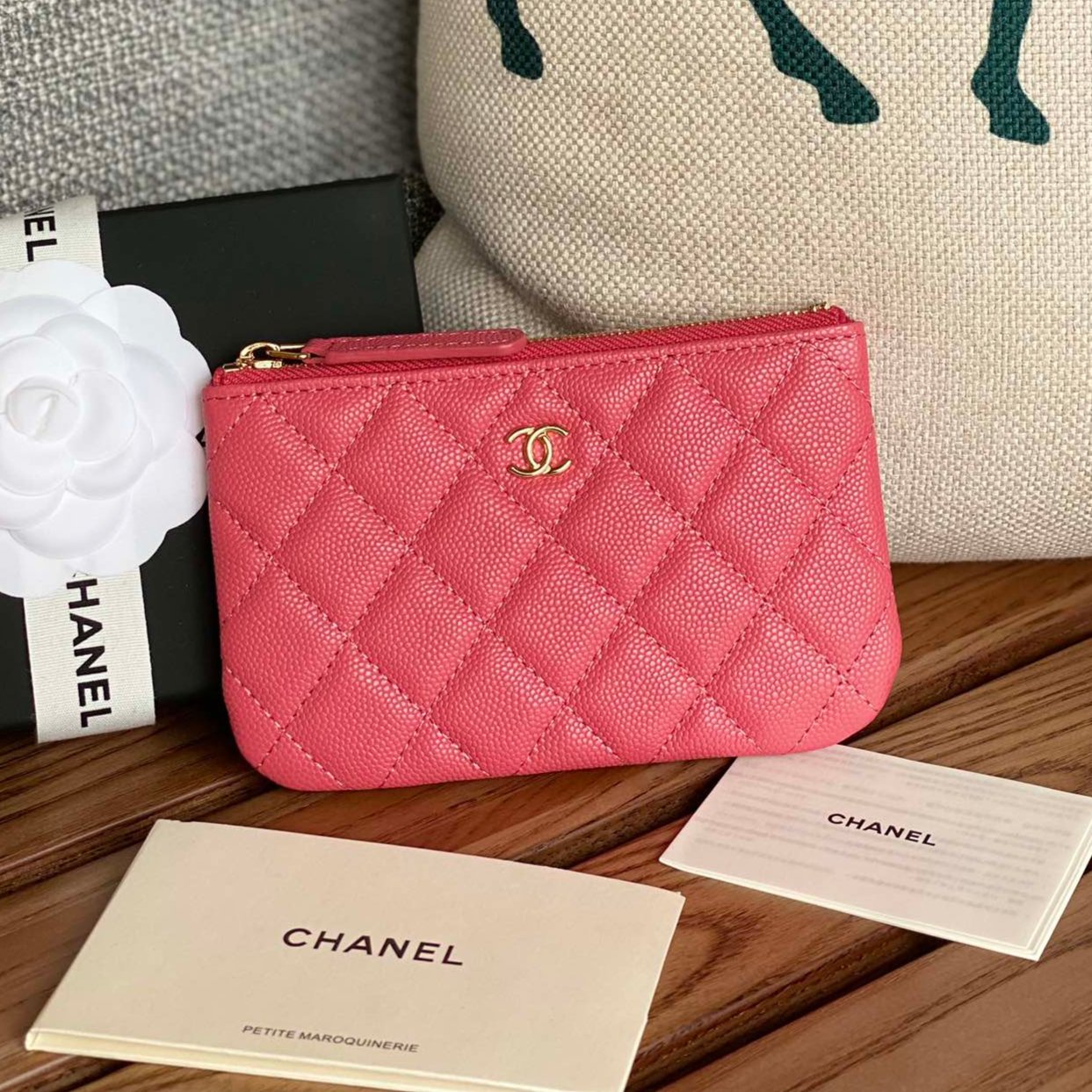 CHANEL CLASSIC SMALL 15 ZIPPED POUCH IN BLUSH RED GRAINED CALFSKIN