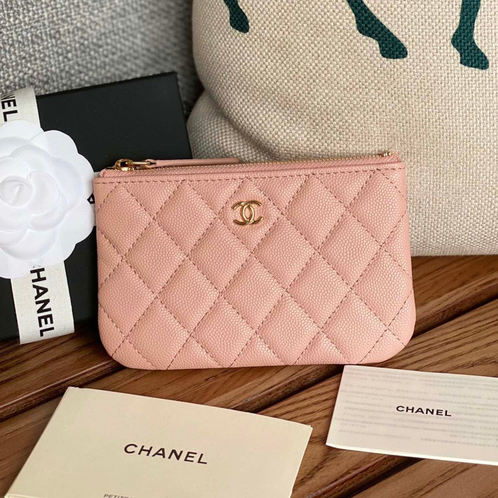 CHANEL CLASSIC SMALL 15 ZIPPED POUCH IN LIGHT PINK GRAINED CALFSKIN