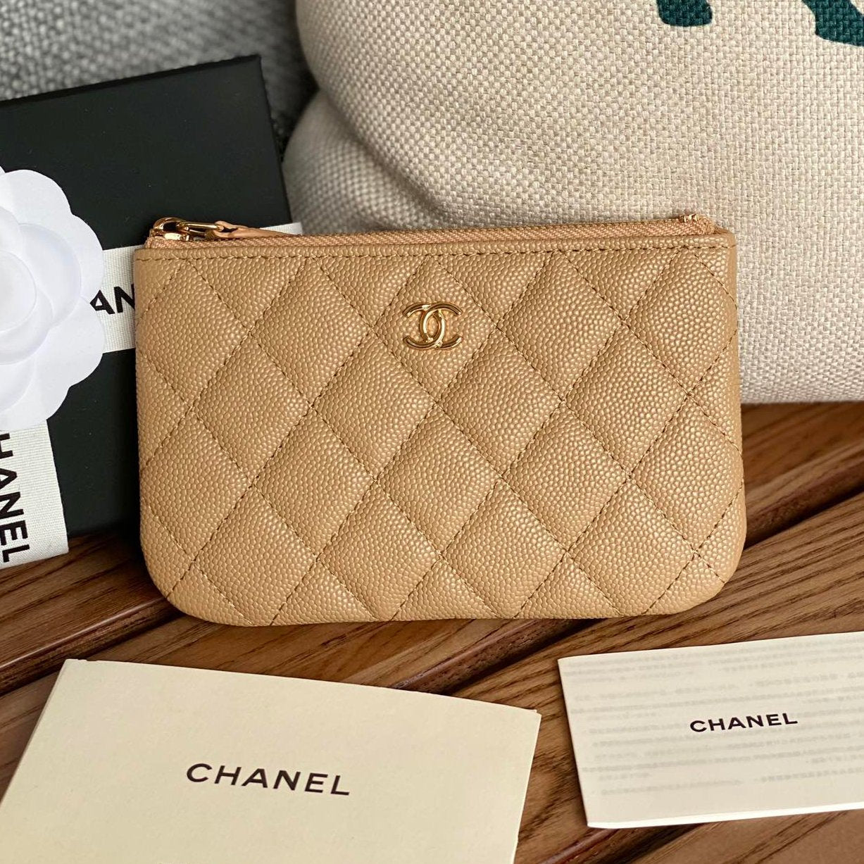 CHANEL CLASSIC SMALL 15 ZIPPED POUCH IN DARK BEIGE GRAINED CALFSKIN