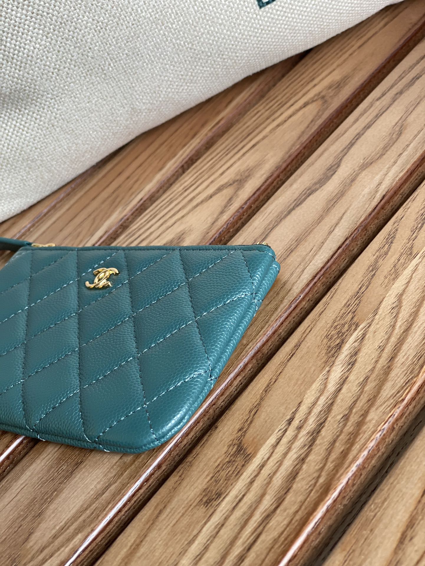 CHANEL CLASSIC SMALL 15 ZIPPED POUCH IN PINE GREEN GRAINED CALFSKIN