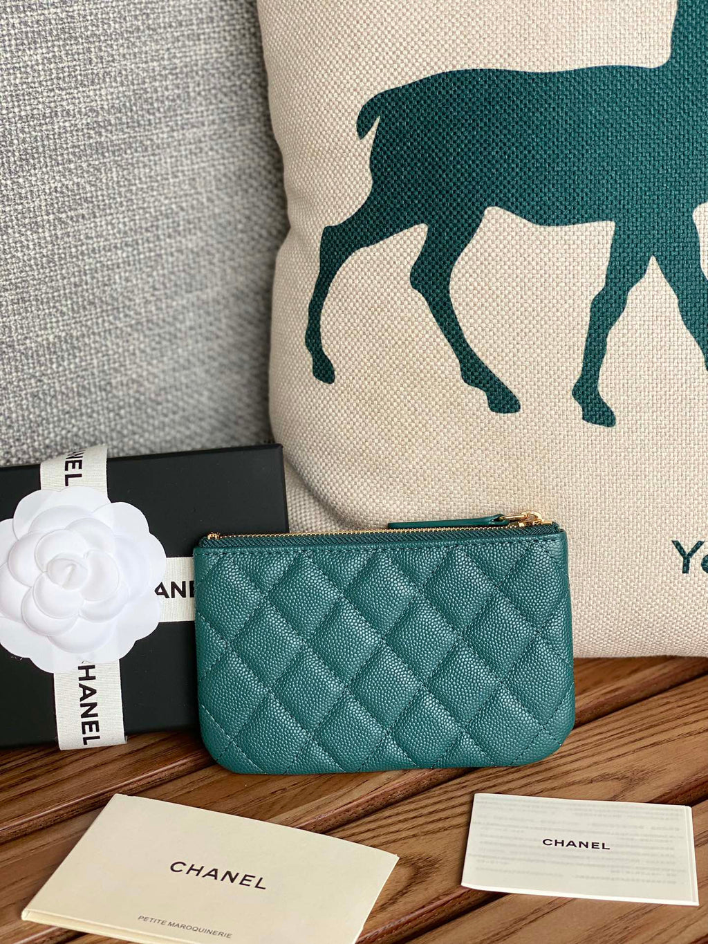 CHANEL CLASSIC SMALL 15 ZIPPED POUCH IN PINE GREEN GRAINED CALFSKIN
