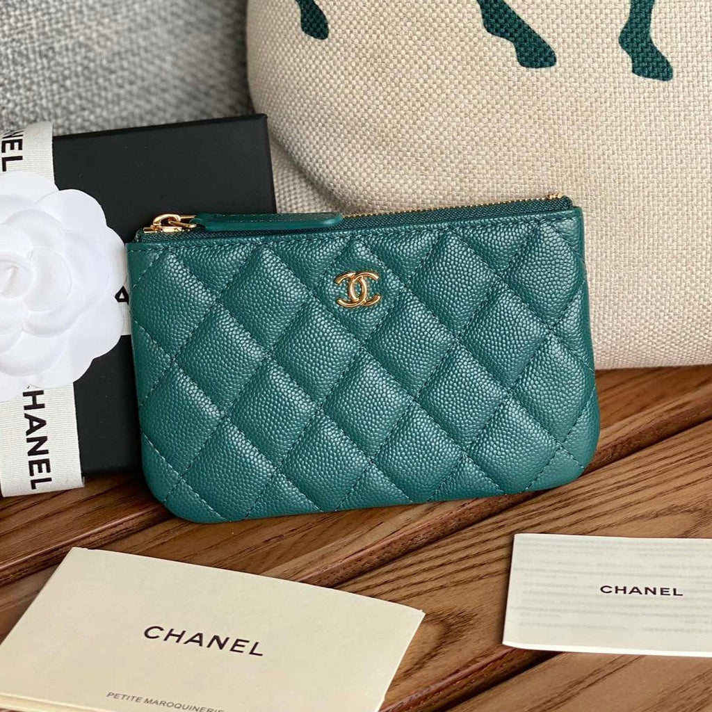 CHANEL CLASSIC SMALL 15 ZIPPED POUCH IN PINE GREEN GRAINED CALFSKIN